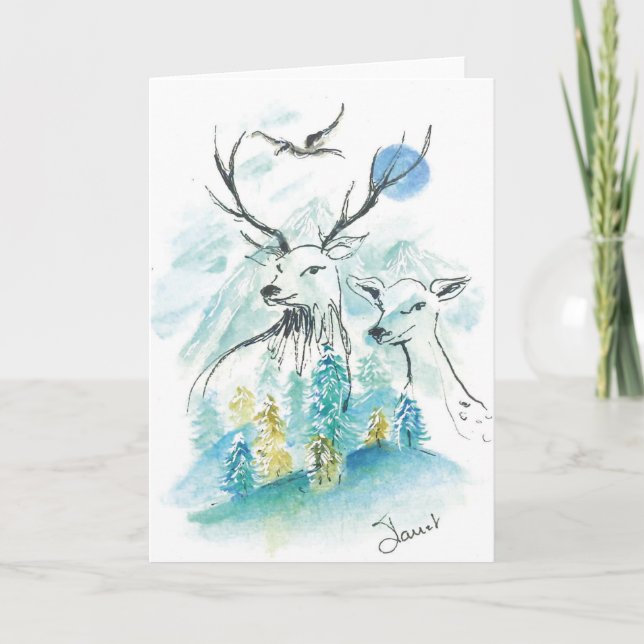Reindeer with snowy mountains folded card (Front)