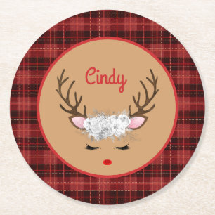 Reindeer with White Roses on Plaid with Name Edibl Round Paper Coaster
