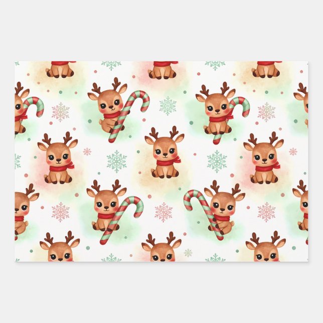 Reindeer Wrapping Paper Flat Sheet Set of 3 (Front 3)