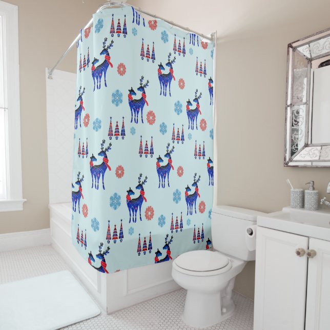 Reindeers, Christmas Trees and Snowflakes Pattern Shower Curtain (In Situ)