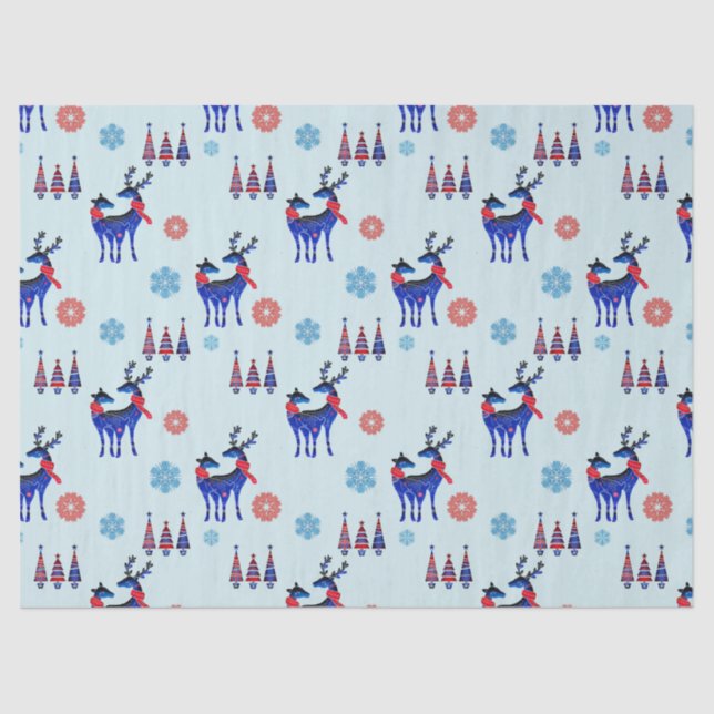 Reindeers, Christmas Trees and Snowflakes Pattern Tissue Paper (Front)