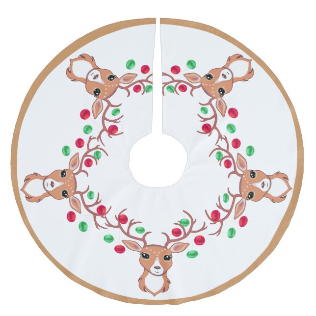 Reindeers ornamented with Christmas balls on white Brushed Polyester Tree Skirt (Front)
