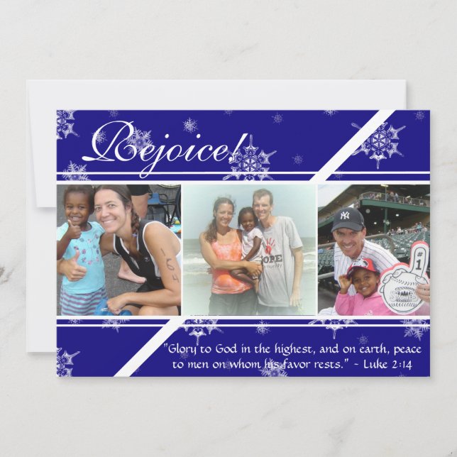 Rejoice! 2 Sided Blue Snowflake Photo Card (Front)