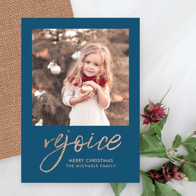 Rejoice and Be Glad Blue Rustic Photo Holiday Card (Creator Uploaded)