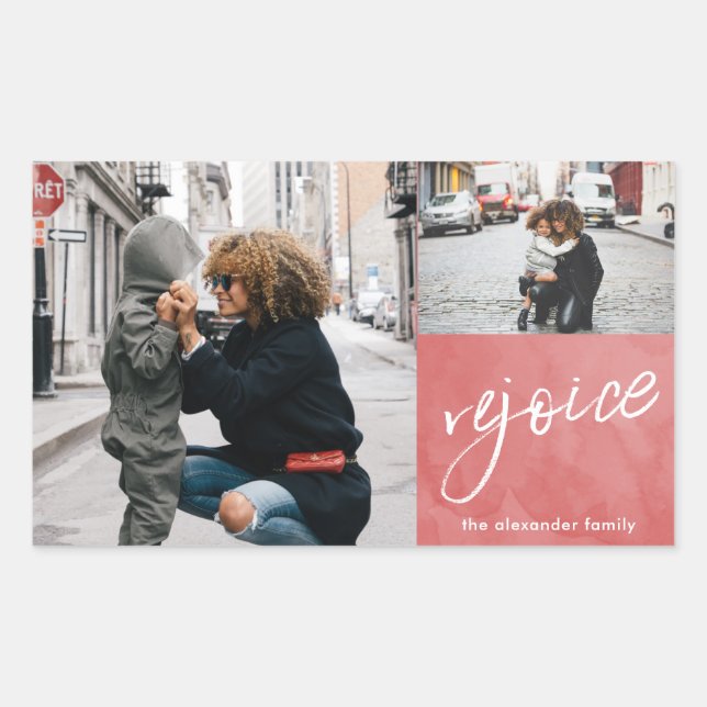 Rejoice and Be Glad Red and White Photo Christmas Rectangular Sticker (Front)