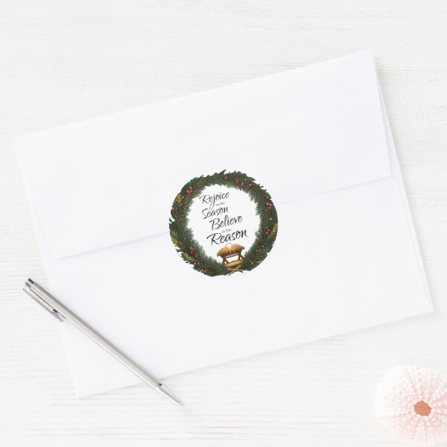 Rejoice and believe nativity classic round sticker (Envelope)