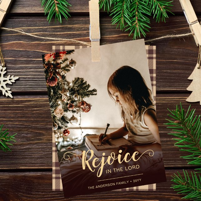 Rejoice Brown Plaid Rustic Religious Christmas Holiday Card (Cozy and rustic, religious Christmas card with photo and brown plaid on reverse)