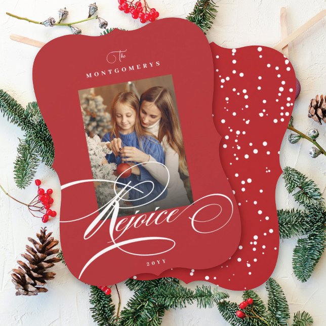 Rejoice Calligraphy Religious Christmas Red Photo Holiday Card (Creator Uploaded)