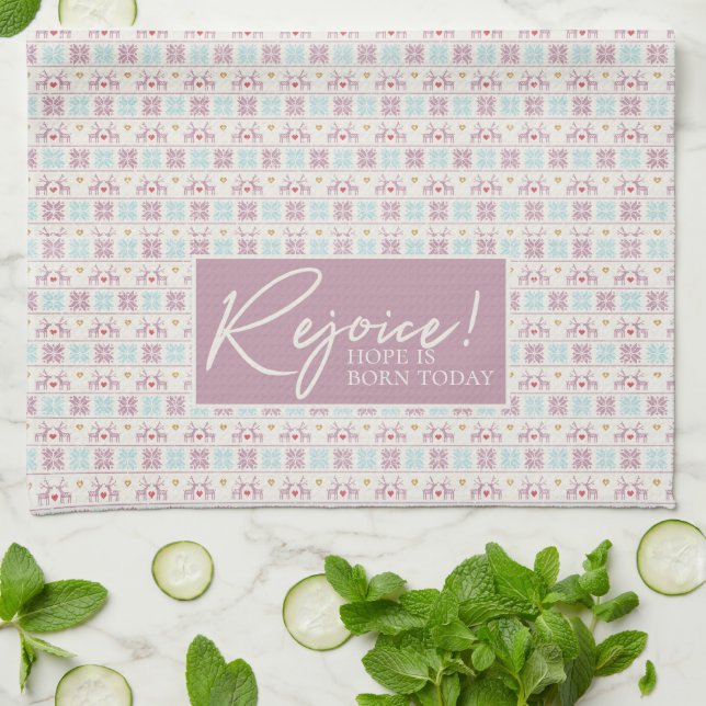 Rejoice Christmas Pastel Typography Snowflakes Tea Towel (Folded)