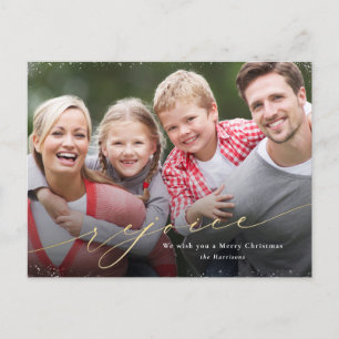 Rejoice Christmas Photo Faux Gold Script Holiday Postcard