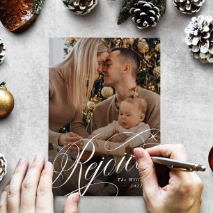 Rejoice Classic Script Religious Christmas Photo Holiday Card