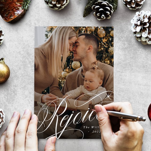 Rejoice Classic Script Religious Christmas Photo Holiday Card (Creator Uploaded)