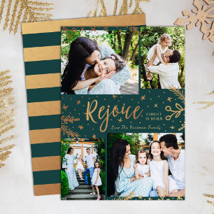 Rejoice Collage Christmas Card Faux Foil Green