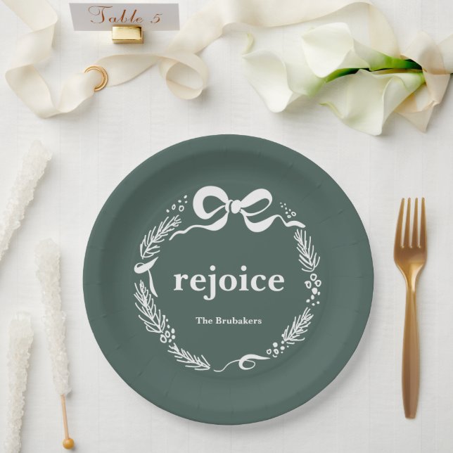 Rejoice Custom Modern Original Bow Pine Christmas Paper Plate (Wedding)