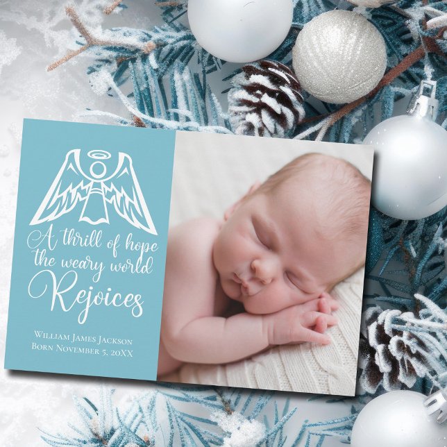 Rejoice Elegant Baby Boy Photo Blue Christmas Holiday Card (Creator Uploaded)