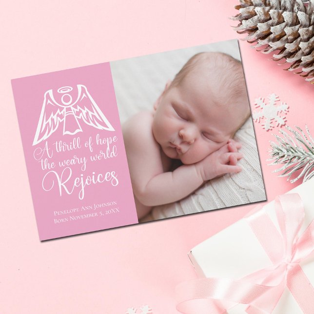 Rejoice Elegant Baby Girl Photo Pink Christmas Holiday Card (Creator Uploaded)