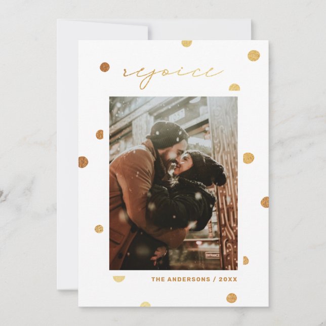 Rejoice. Gold polka dots religious Christmas Holiday Card (Front)