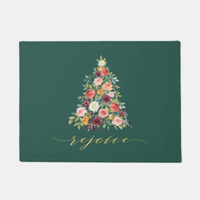 Rejoice Holiday Floral Tree Welcome Doormat (Front)