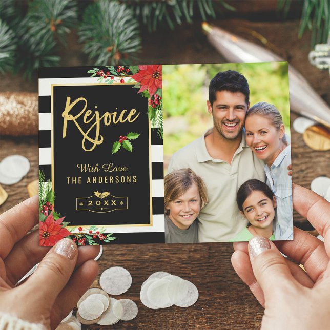 Rejoice Merry Christmas Poinsettia Floral Photo Holiday Card (Creator Uploaded)