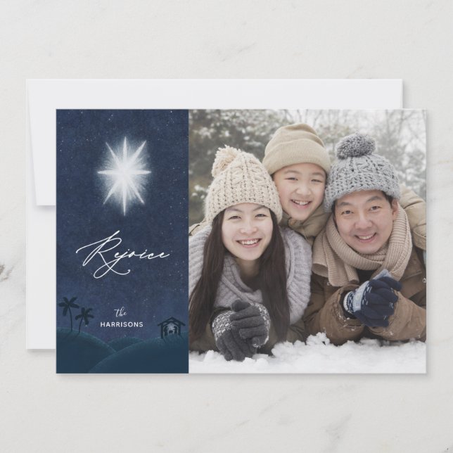 Rejoice Nativity Religious Christmas Photo Card (Front)