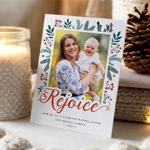 Rejoice Script Modern Winter Holly Berries Photo Holiday Card