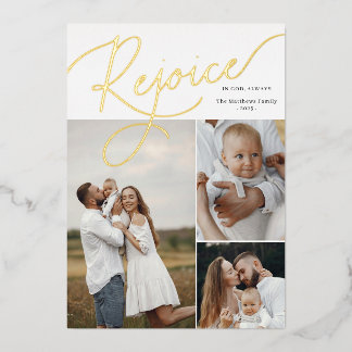 Rejoice Script Photo Collage Foil Christmas Card