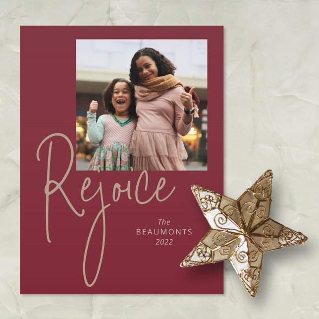 Rejoice Simple Photo Burgundy Holiday Postcard (Creator Uploaded)