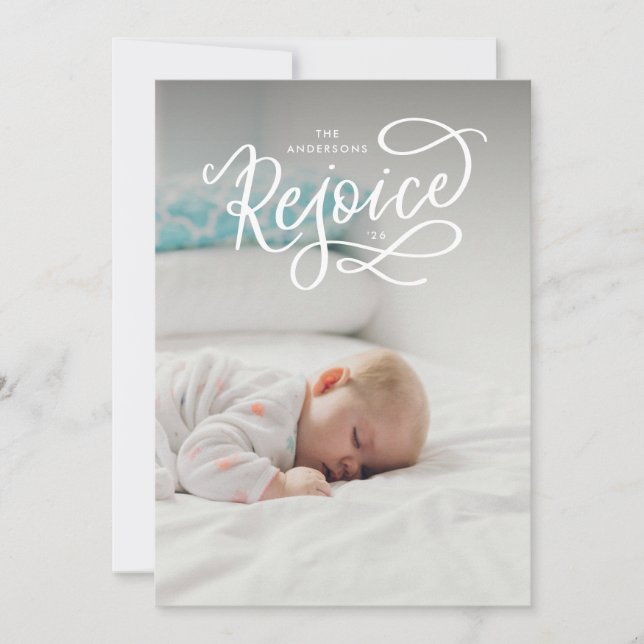 Rejoice White Lettering Religious Christmas Photo Holiday Card (Front)