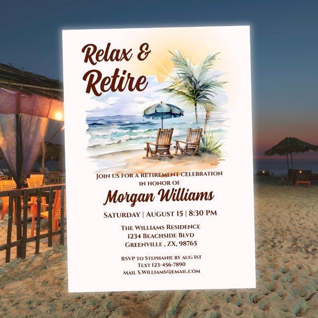 Relax and Retire Tropical Beach Chair Retirement Invitation (Creator Uploaded)