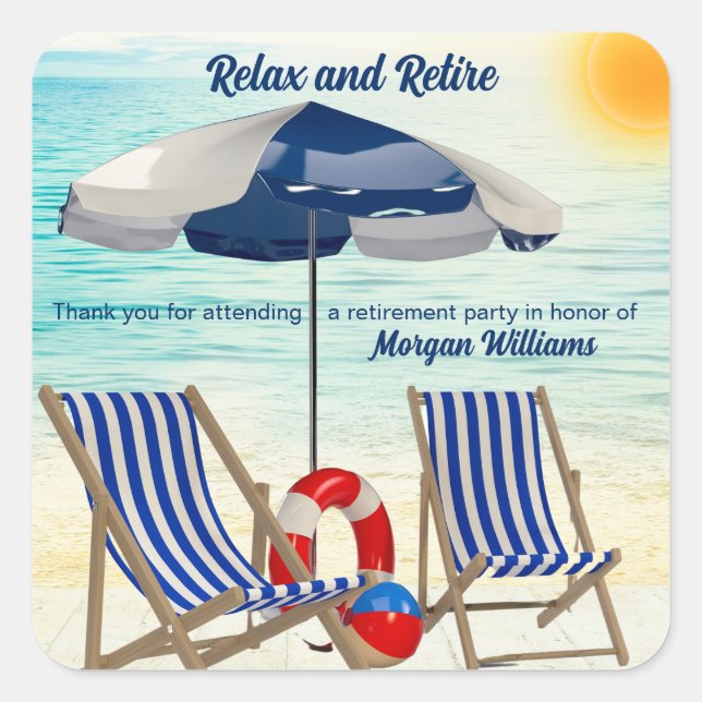 Relax and Retire Tropical Beach Chair Retirement Square Sticker (Front)