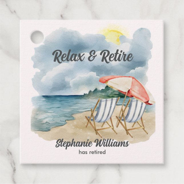 Relax and Retire Tropical Beach Chair Themed Party Favour Tags (Front)