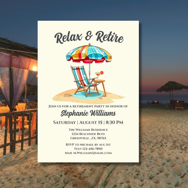 Relax and Retire Tropical Cocktail Beach Chair  Invitation (Creator Uploaded)