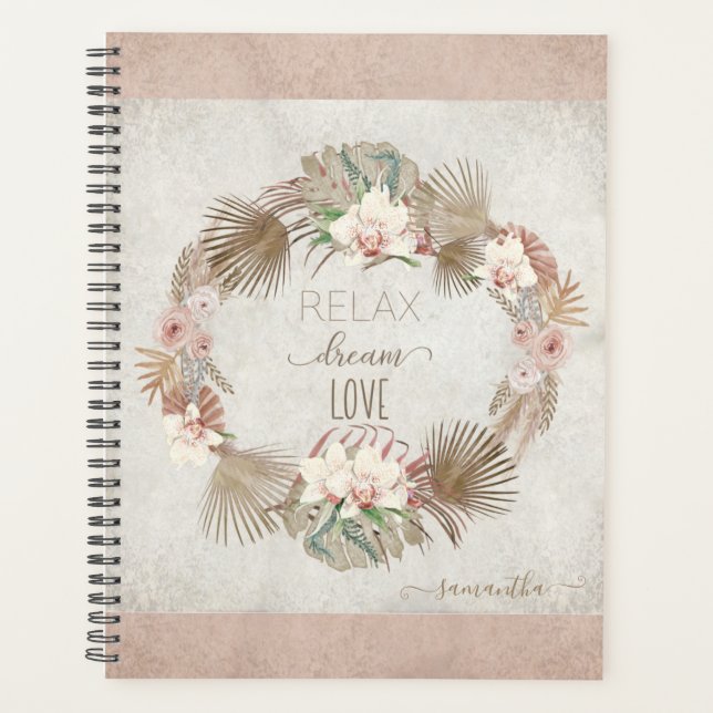 Relax Dream Love Blush Muted Tropical Floral Name Planner (Front)