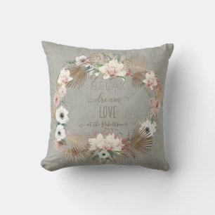 Relax Dream Love Gray Floral Seaside Beach Palm Cushion