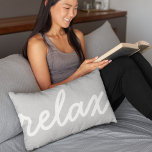 Relax Grey & White Script Lumbar Cushion<br><div class="desc">Time to chill. Our accent throw pillow features "relax" in white script against a light dove grey background.</div>
