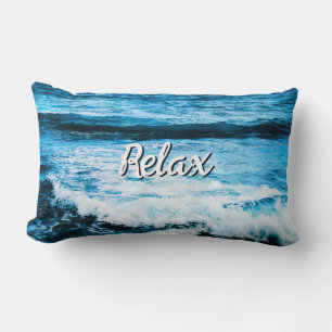 Relax Hawaii Turquoise Ocean Waves Photo Script Lumbar Cushion