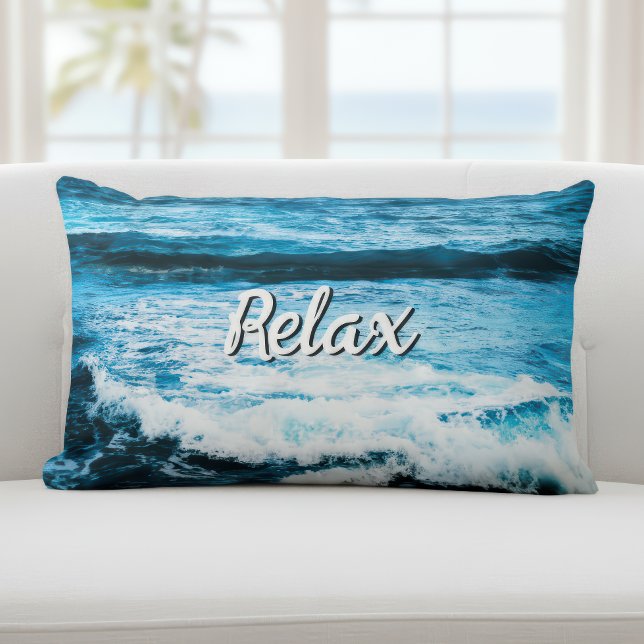 Relax Hawaii Turquoise Ocean Waves Photo Script Lumbar Cushion (Creator Uploaded)