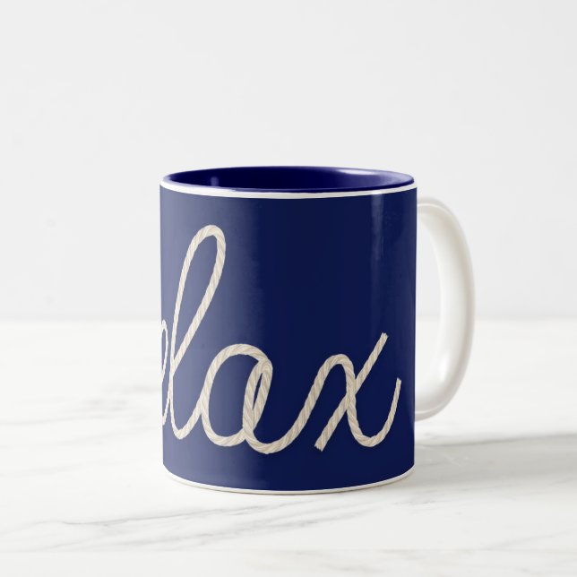 RELAX Nautical Rope On Navy Blue Two-Tone Coffee Mug (Front Right)