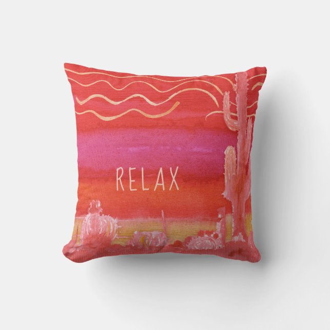 Relax Pink Bohemian BOHO Desert Cactus Watercolor Cushion (Front)