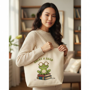 Relax & Read Cute Frog on Books Funny Bookworm Large Tote Bag