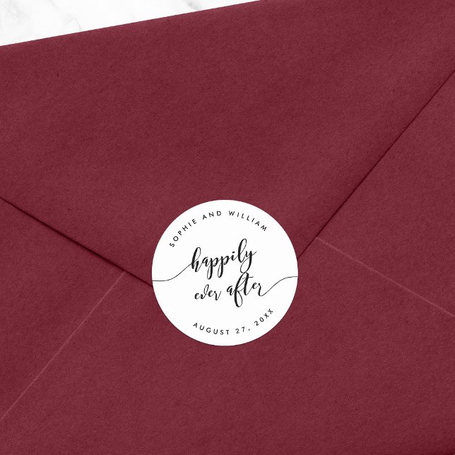 Relax Script Happily Ever After Wedding Favour Classic Round Sticker (Creator Uploaded)