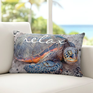 Relax Script Hawaiian Sea Turtle Honu Bold Photo Lumbar Cushion