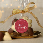 Relax Script Love is Sweet Editable Colour Wedding Classic Round Sticker<br><div class="desc">Wedding favour sticker featuring the words "love is sweet" in a relax cursive script in white against an editable background colour (click customise to access). Personalise it by replacing the placeholder text. For more options such as to change the font and it's size/colour, expand /contract curve or the spacing between...</div>