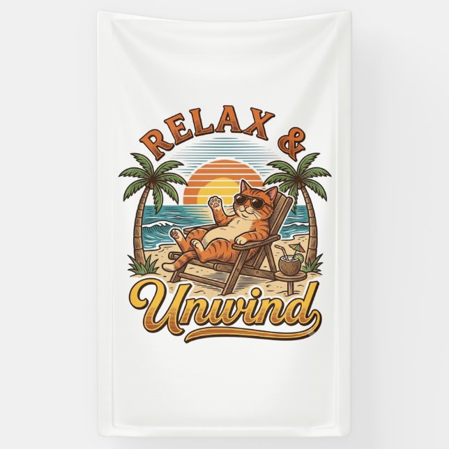 Relax & Unwind Beach Cat Vintage Engraving Design_ Banner (Vertical)