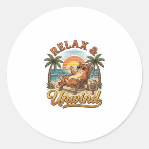 Relax & Unwind Beach Cat Vintage Engraving Design_ Classic Round Sticker