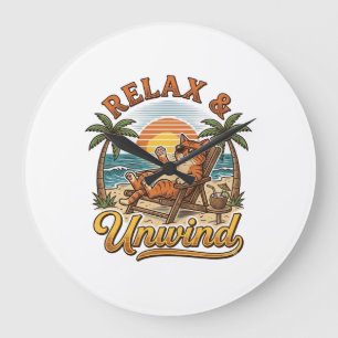 Relax & Unwind Beach Cat Vintage Engraving Design_ Large Clock
