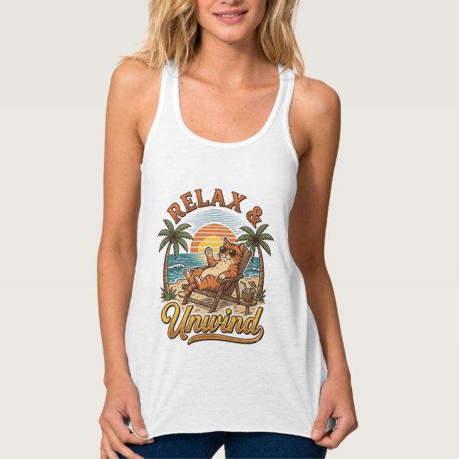 Relax & Unwind Beach Cat Vintage Engraving Design_ Singlet (Front)
