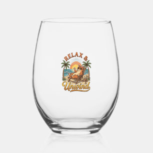 Relax & Unwind Beach Cat Vintage Engraving Design_ Stemless Wine Glass
