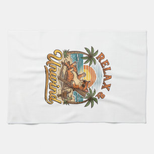 Relax & Unwind Beach Cat Vintage Engraving Design_ Tea Towel