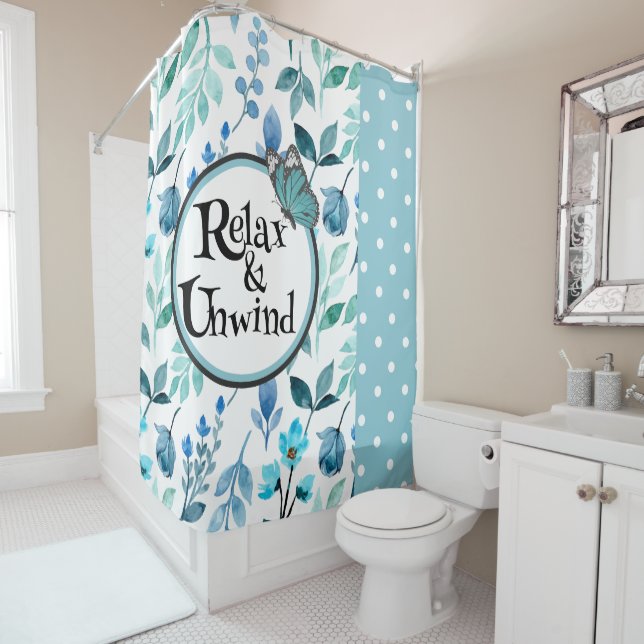 Relax & Unwind Teal Designer Patterned Shower Curtain (In Situ)
